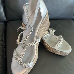 Naturalized Silver Leather Jeweled Wedge Sandals for Women